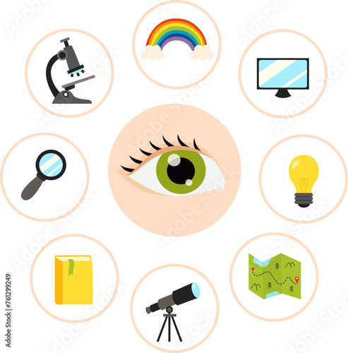 Sense organs poster. Vector illustration. Sense of sight.