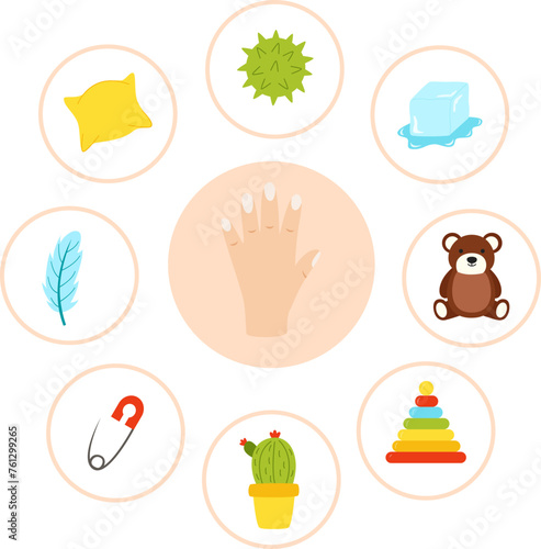 Sense organs poster. Vector illustration. Sense of touch.
