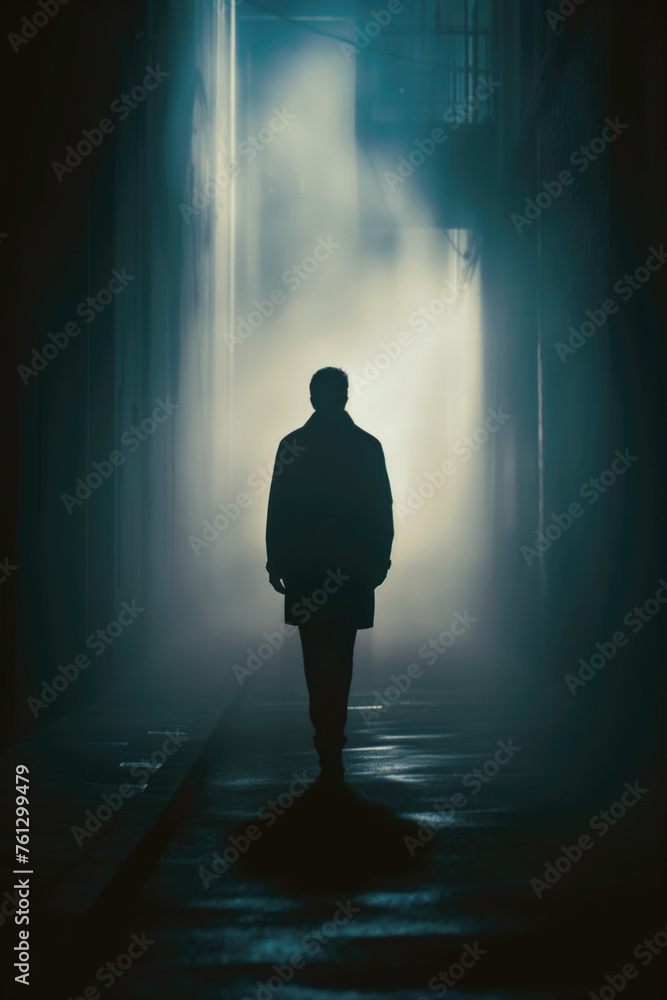 Mystery man silhouette walking in a dark urban alley at night. Creepy foggy, misty city street with eerie back light. Full view. Rear back view. Walking away. Urban Mystery thriller concept. Mystery man silhouette walking in a dark urban alley at night. Creepy foggy, misty city street with eerie back light. Full view. Rear back view. Walking away. Urban Mystery thriller concept.