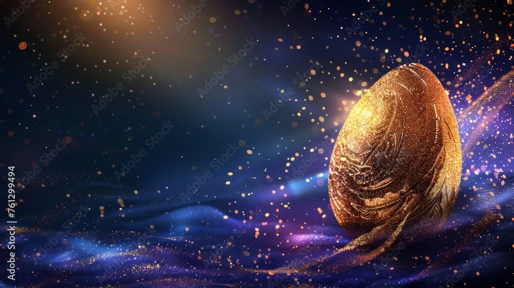 Golden Glitter Easter Egg Amidst Sparkling Cosmic Waves