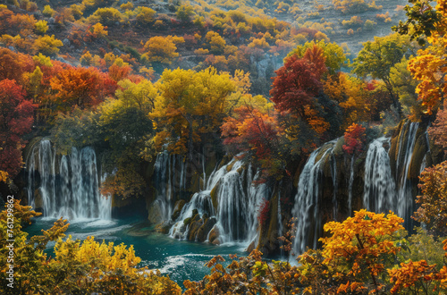 A panoramic view a national park  showing the colorful autumn foliage and waterfalls cascading into turquoise waters