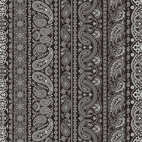 Paisley bandana fabric striped patchwork wallpaper abstract vector seamless pattern for scarf kerchief shirt fabric carpet rug tablecloth pillow