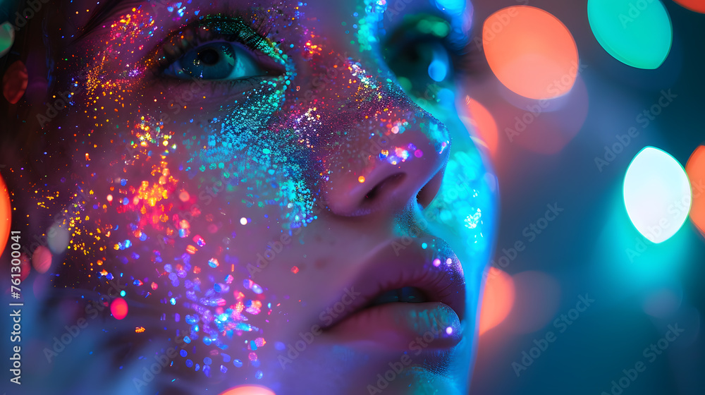 A beautiful woman with colorful glowing glitter on her face, with blurred lights in the background