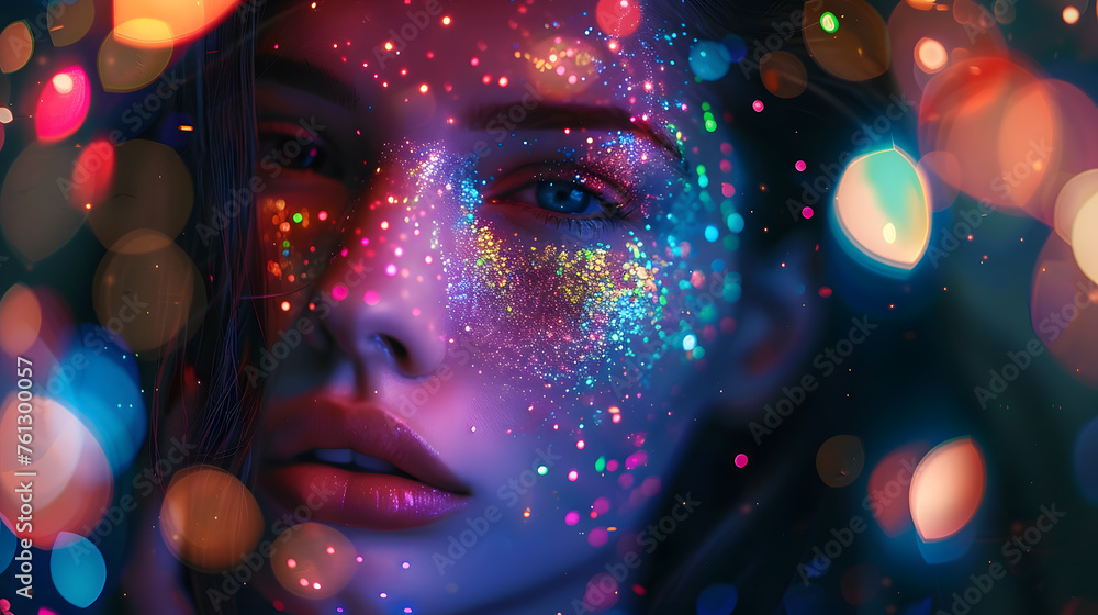 A beautiful woman with colorful glowing glitter on her face, with blurred lights in the background A beautiful woman with colorful glowing glitter on her face, with blurred lights in the background