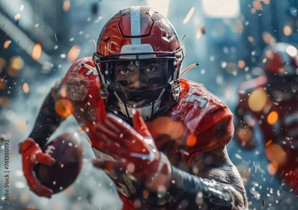 american football player in red trikot, enhanced version, commercial  football, closeup portrait