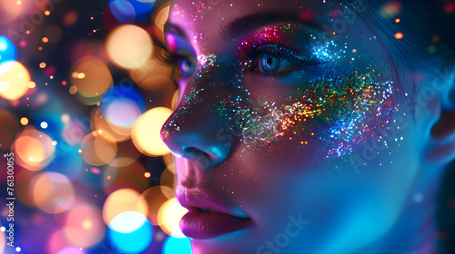 A beautiful woman with colorful glowing glitter on her face, with blurred lights in the background © Oksana