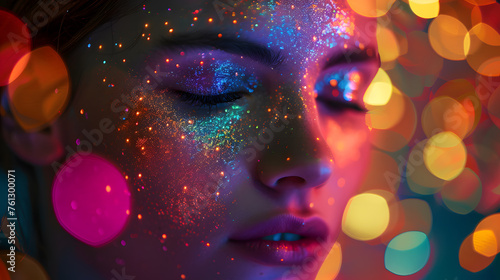 A beautiful woman with colorful glowing glitter on her face, with blurred lights in the background © Oksana