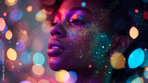 A beautiful African American woman with colorful glowing glitter on her face, with blurred lights in the background © Oksana