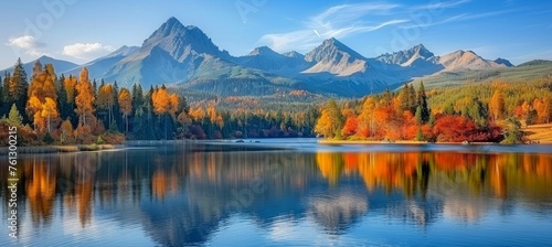 High tatra lake colorful autumn morning, mountain reflections, nature hiking adventure