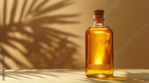 hair oil bottle, magazine advertisement lighting, beige background