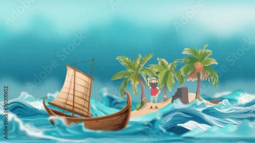 Castaway on island calling for help. A survivor on an island in distress calls out to lone boat on stormy sea. Concept cartoon video animation loop. photo