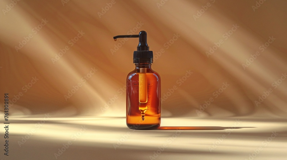 hair oil bottle, magazine advertisement lighting, beige background