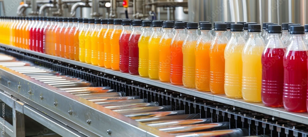 Fruit juice beverage production line on conveyor belt in drink manufacturing facility Fruit juice beverage production line on conveyor belt in drink manufacturing facility