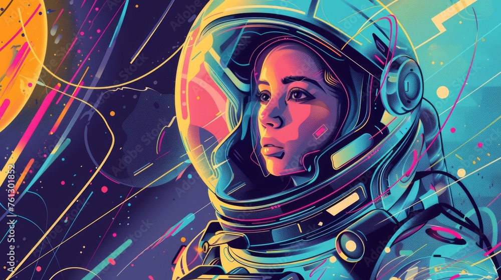Close-up of a female astronaut's face in a helmet with a colorful galaxy reflection, ideal for themes of space exploration.