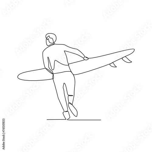 One continuous line drawing of the people is play surfing in the sea enjoying summer season vector illustration. Surfing activity design illustration simple linear style vector concept. Surfer design.