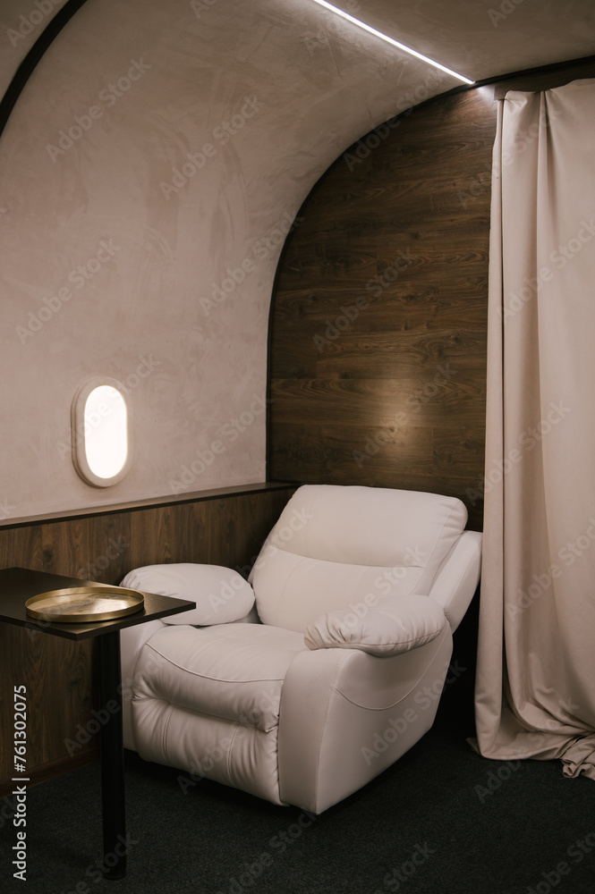 Photos on a luxury business class interior plane