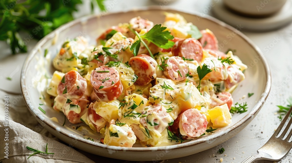 Olivier salad with sausage. Generative AI Olivier salad with sausage. Generative AI