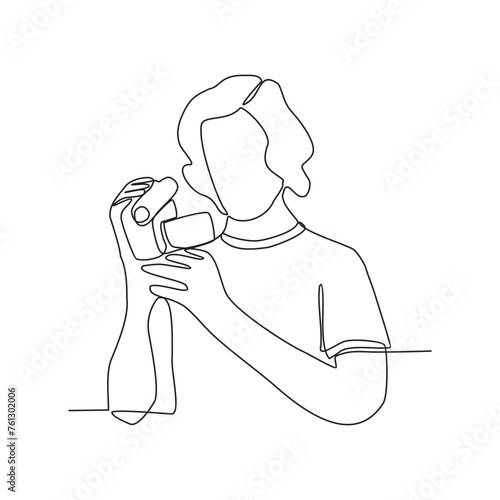 One continuous line drawing of a videographer is capturing activities to make a documentary film vector illustration. Videographer activity illustration in simple linear style vector design concept.