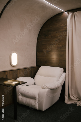 Photos on a luxury business class interior plane