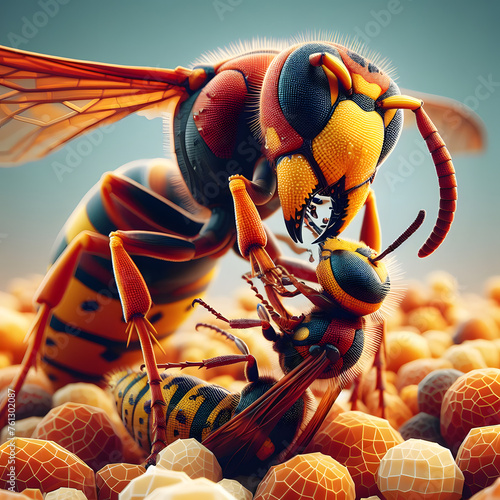 macro shot of a hornet eating a wasp, low poly