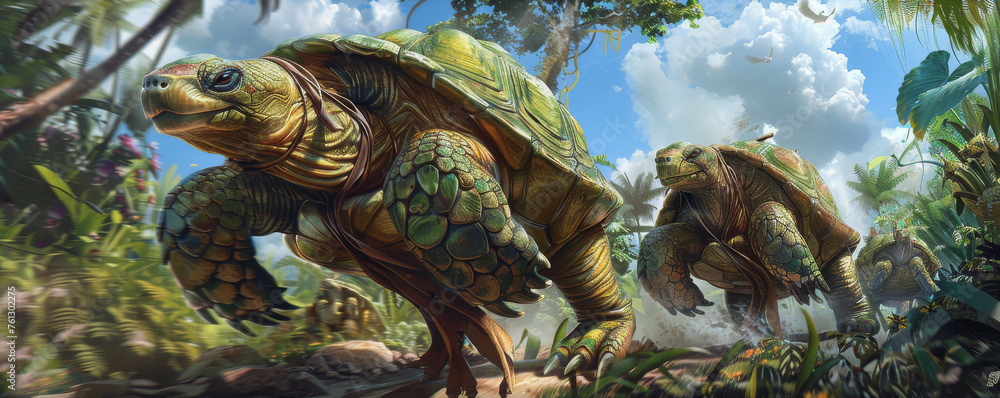 Fototapeta premium Fantastical Tortoises Roaming a Lush Landscape