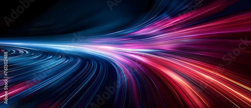 Abstract illustration depicting high-speed light trails in 3D, creating a dynamic and futuristic backdrop. The red and blue light motion trails convey a sense of fast movement and modern technology. photo