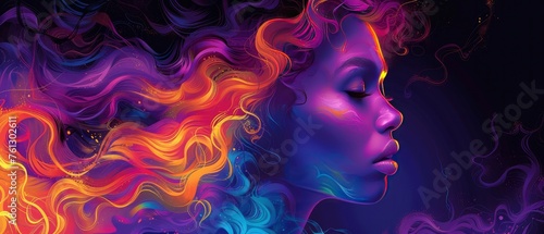 Fantasy Radiance. Womans Face Adorned with Colorful Hair and Neon Waves, Enveloped in a Vibrant Palette of Neon Hues