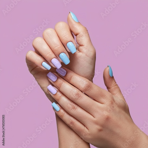 Stylish trendy women's manicure. Blue and lilac color gel Polish. The view from the top
