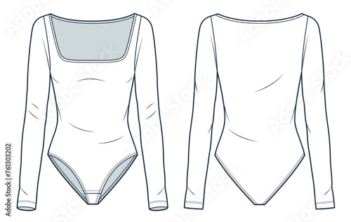 Square Neck Bodysuit technical fashion illustration. Long Sleeve Bodysuit fashion flat technical drawing template, slim fit, front and back view, white, women Top CAD mockup.