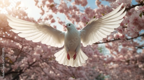 White dove flying under sunny sky with cherry blossom trees in the background, a serene scene