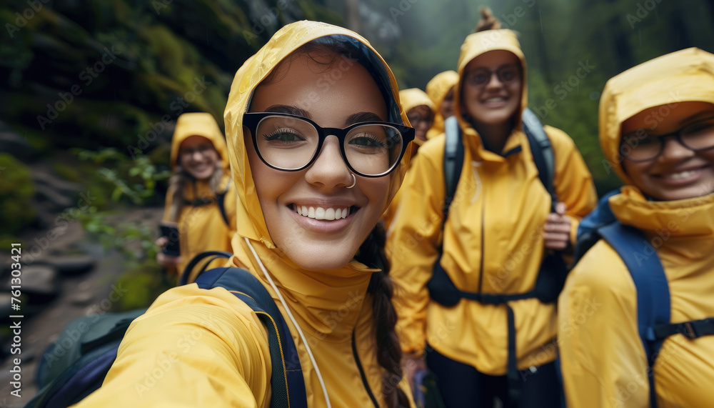 Close up of a young woman smiling at the camera while standing with a group on a mountain