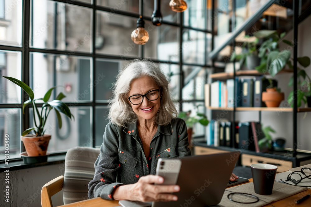 Photo of a happy senior woman using a smartphone and laptop at home in her office, Photo of a happy senior woman using a smartphone and laptop at home in her office,
