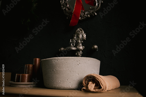 Obraz na płótnie Stylish modern japandi interior, concrete sink with vintage faucets and mirror w salonie