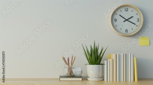 Minimalist workplace of tabletop stationery with book stack, clock, pencils and plant. AI generated photo