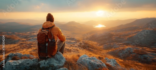 Adventurous hiker stands on mountain peak at sunrise, embodying the spirit of adventure, hiking, and outdoor travel in a breathtaking landscape