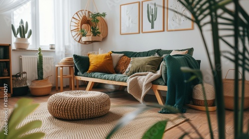 Ein grünes Sofa in einem gemütlichen Wohnzimmer 