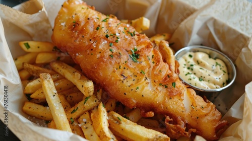 Rustic fish and chips presentation. Generative AI