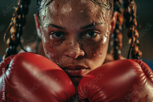 closeup of beautiful black female boxer with braids wearing red boxing gloves in the ring with sweat on her face © ALL YOU NEED studio
