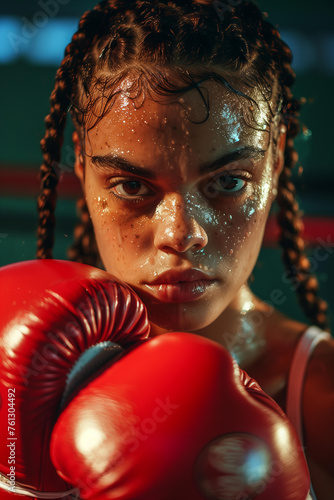 closeup of beautiful black female boxer with braids wearing red boxing gloves in the ring with sweat on her face