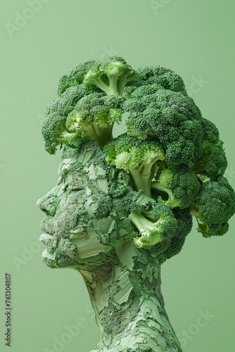 Artistic representation of a woman's profile, expertly shaped with rich green broccoli florets for a vivid texture