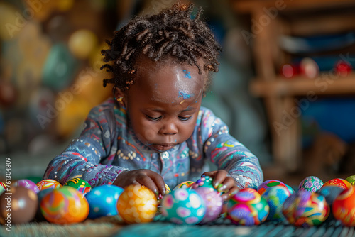 A young child is creatively adorning Easter eggs with vibrant colors.