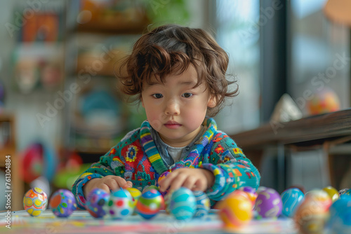 A young child is creatively adorning Easter eggs with vibrant colors.