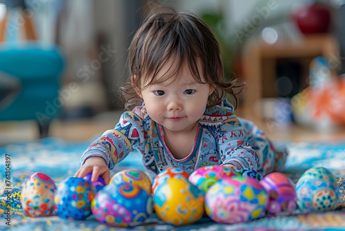 A young child is creatively adorning Easter eggs with vibrant colors.