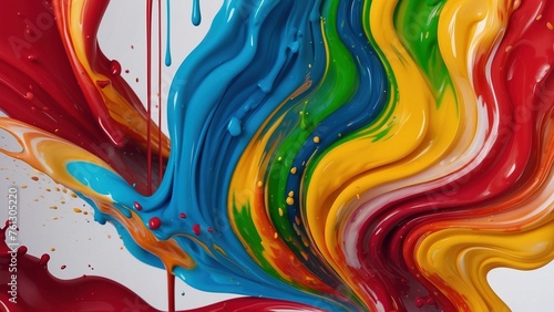 Colorful realistic flowing liquid wet paint splashes abstract background. Artistic vibrant colors rainbow paint flows. Bright wallpaper art illustration header concept.
