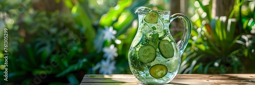 A crystal-clear glass pitcher filled with refreshing cucumber-infused water, set against a backdrop of lush greenery.