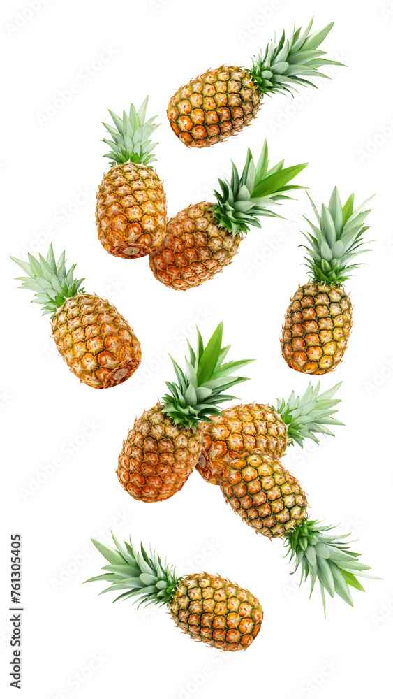 Falling pineapple isolated on white background, full depth of field Falling pineapple isolated on white background, full depth of field