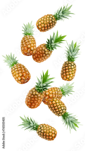 Falling pineapple isolated on white background, full depth of field