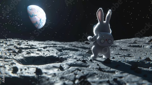 A toy rabbit in an astronau...
