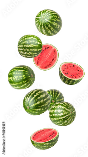 Falling watermelon set, isolated on white background, full depth of field