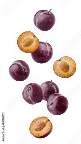 Falling plum isolated on white background, full depth of field
